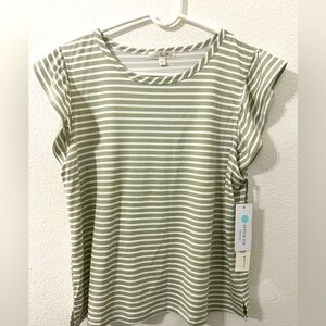 Women’s olive green striped, flutter sleeve top. NWT. Size large petite.
